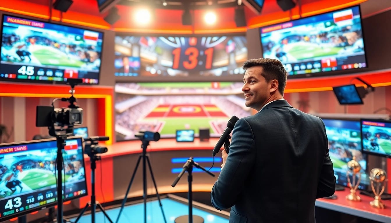 Engaging sports broadcasting scene with a host analyzing live action and game stats displayed.