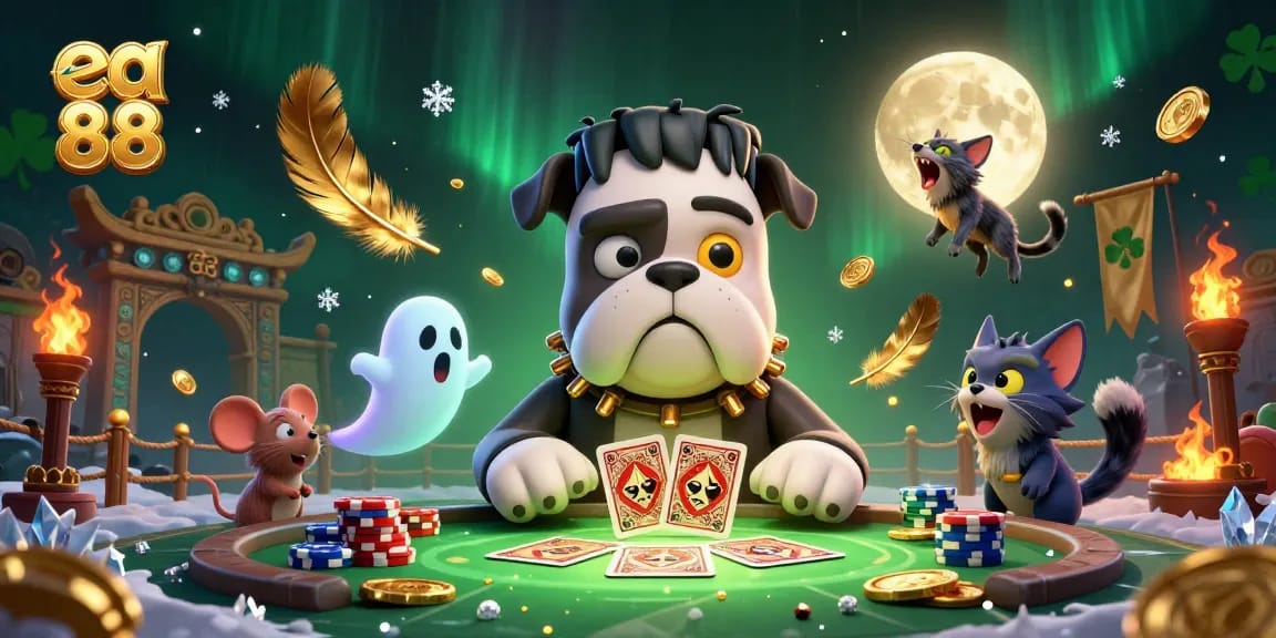 ea 88 showcases a vibrant 3D scene of casino elements with a bulldog monster dealing cards, adding excitement.