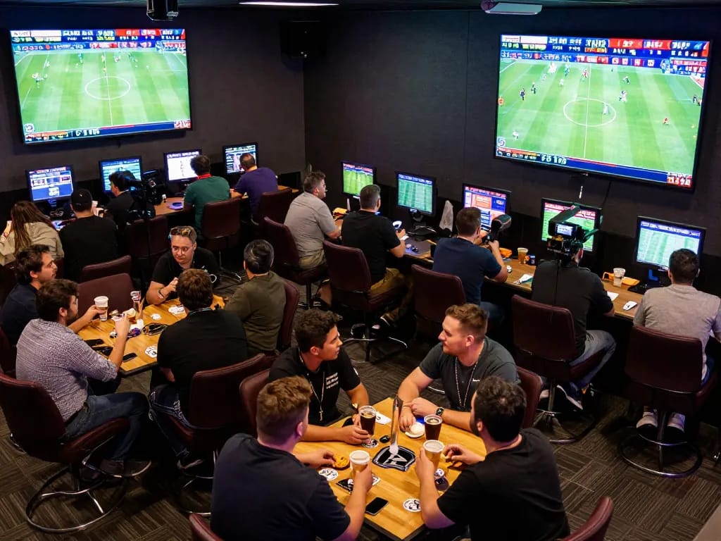 VSBET enthusiasts placing bets during a live sports event in a vibrant betting lounge