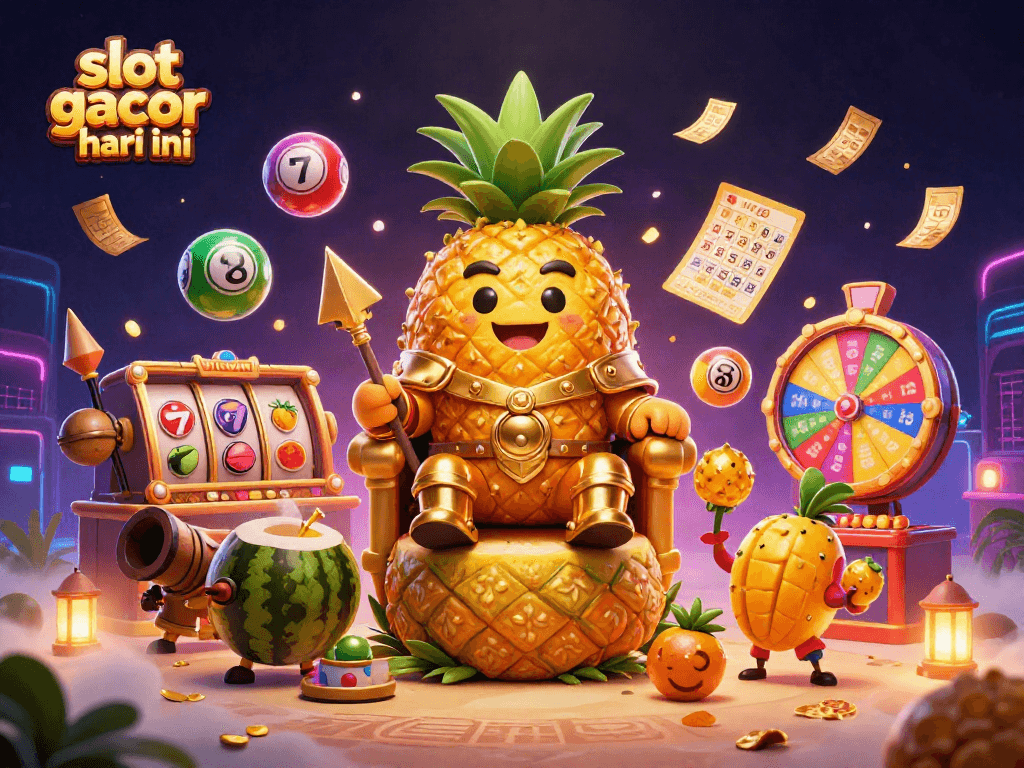 Engage with slot gacor hari ini in a thrilling 3D casino scene featuring a golden pineapple king, coconut bodyguards, and vibrant gaming elements.