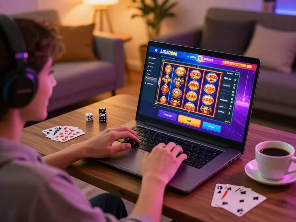 LIGA2000 player engages in online casino gaming at home, showcasing exciting slots and betting options.