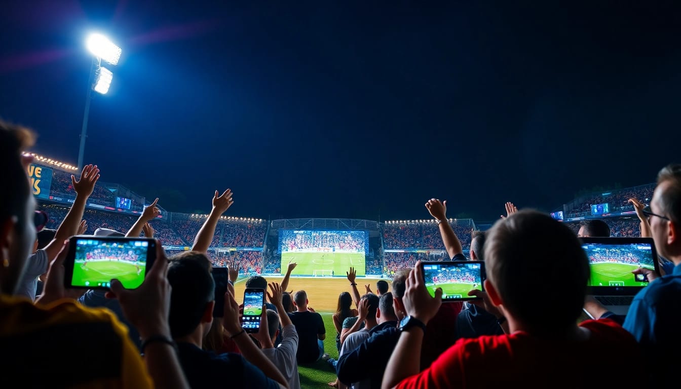 CakhiaTV enthusiasts enjoying a live football match on multiple devices in a vibrant environment.