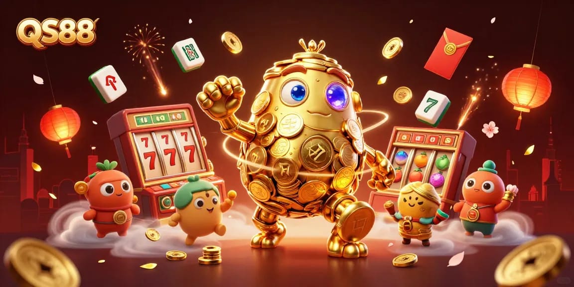 Spin the reels of QS88 with a vibrant golden golem and rich gambling elements in a captivating scene.