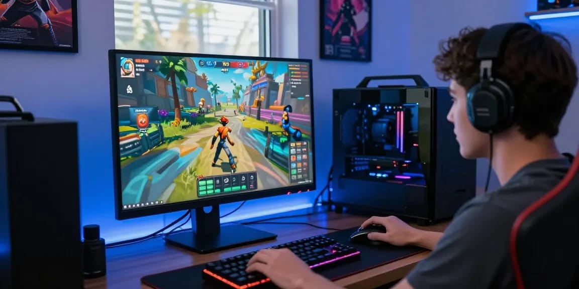 CIKA4D online gaming scene with player engaged in vibrant game interface and colorful peripherals in immersive gaming room.