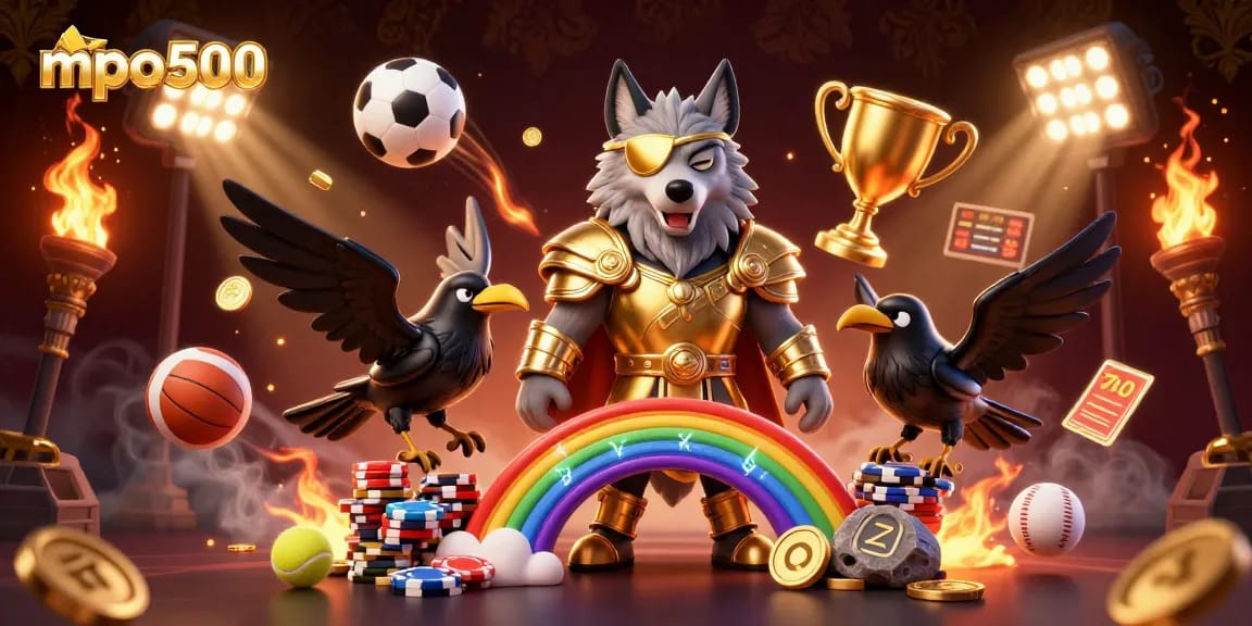 Menang besar di mpo500 dengan lambang Odin dan dua gagak, dikelilingi bola olahraga dan elemen kasino lainnya.