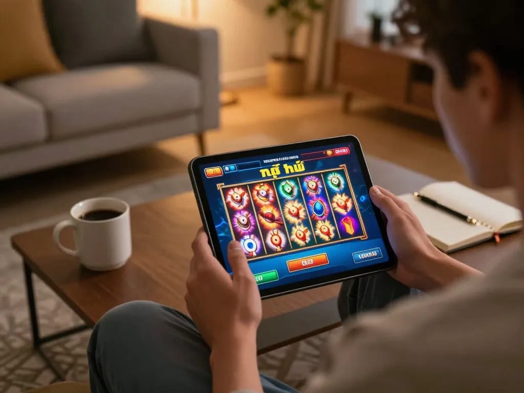 Player enjoying nổ hũ slot game on tablet in cozy living room, showcasing dynamic online gaming atmosphere