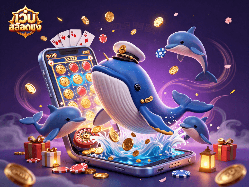 Play slot games with big wins at เว็บสล็อตตรง featuring a whale, narwhal, and dolphins amidst exciting casino elements.