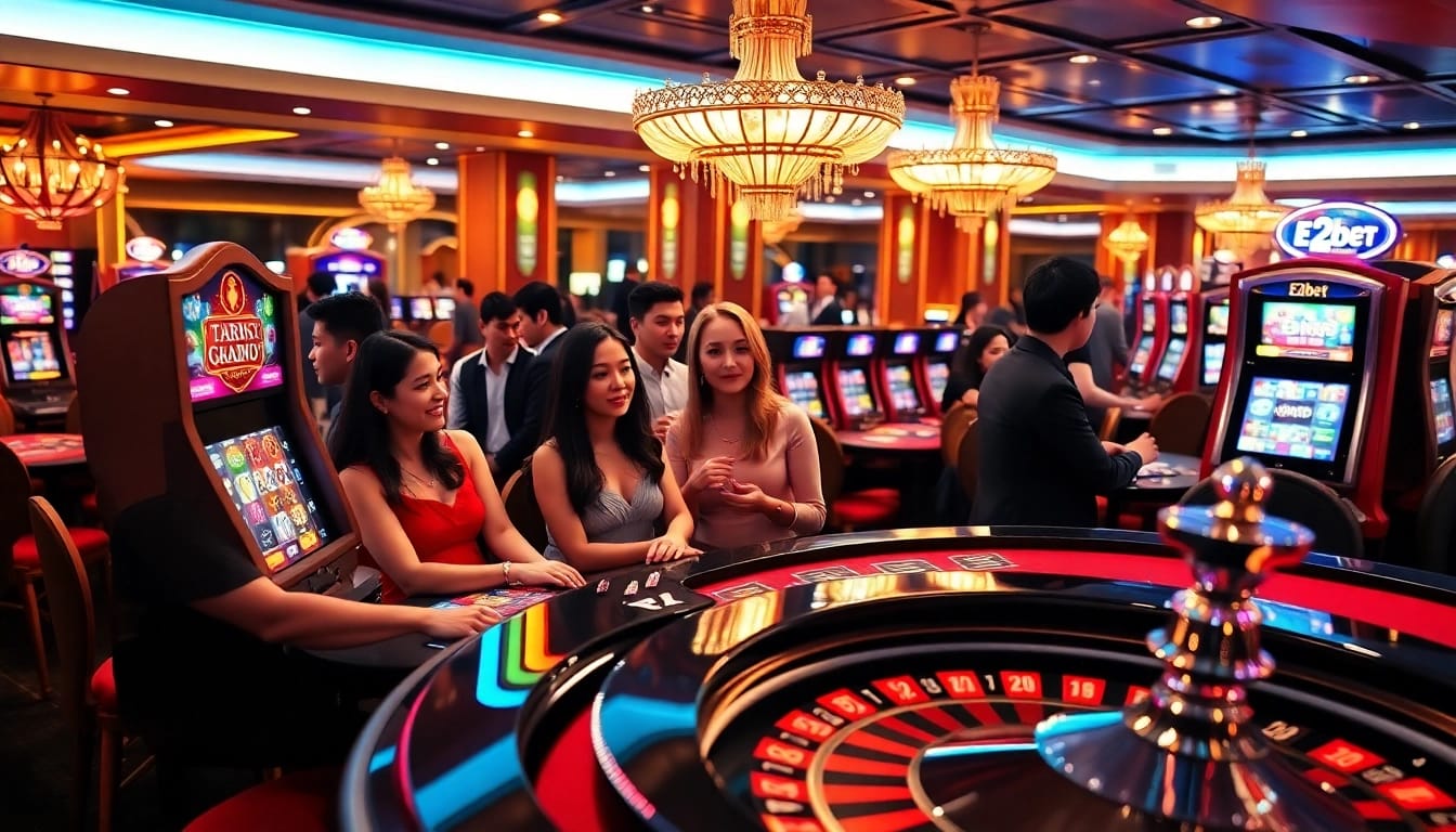 Experience exhilarating gaming action at E2bet casino with vibrant tables, slot machines, and poker chips.