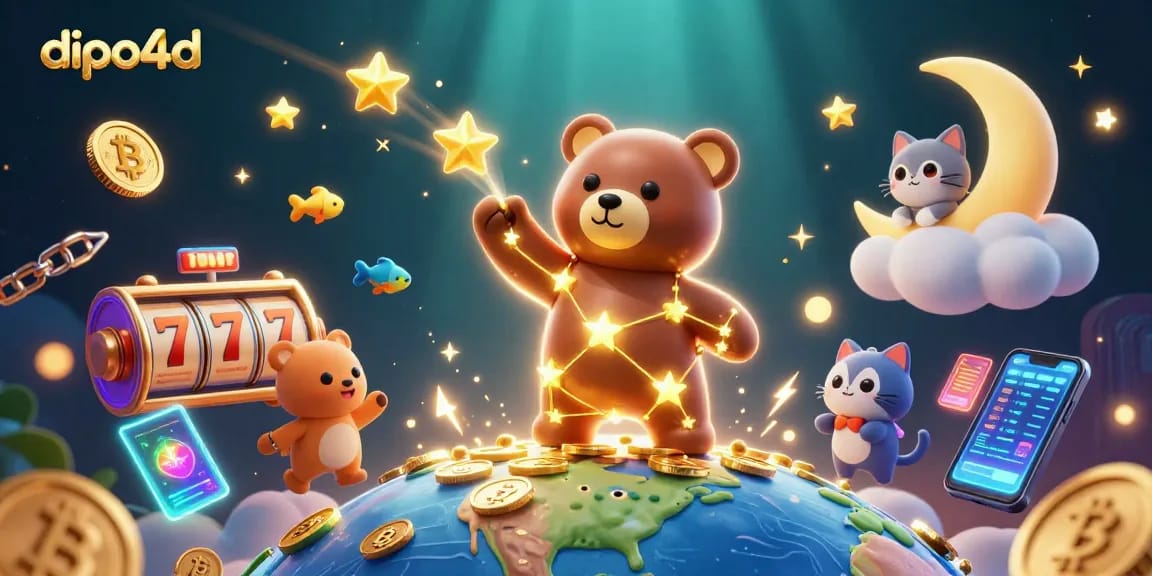 Engage with the vibrant world of dipo4d as the constellation bear scoops up winnings surrounded by colorful slot elements.