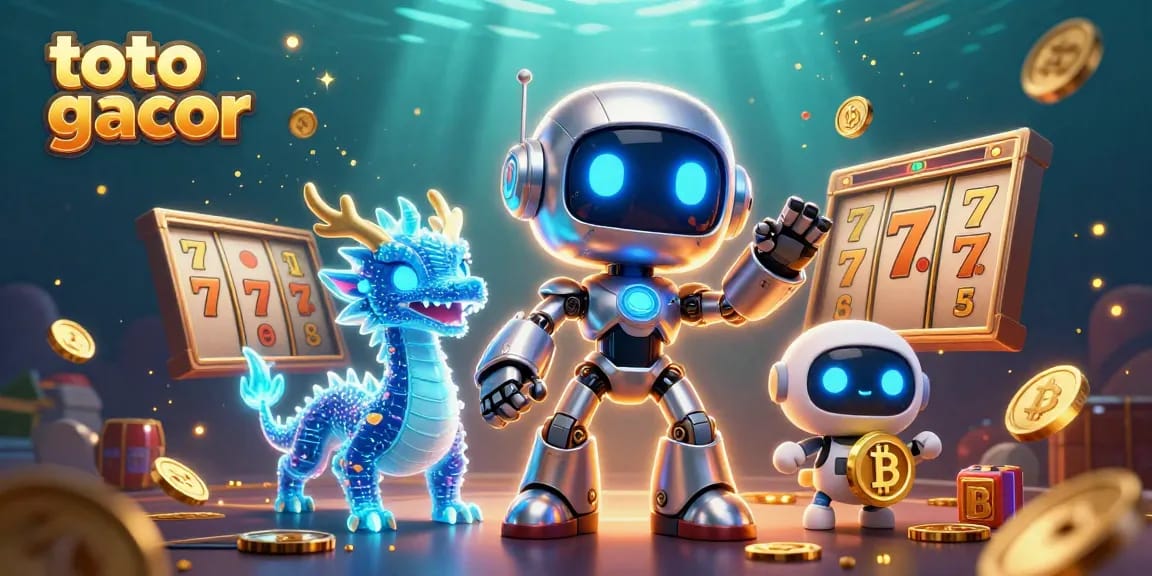 Taruhan toto gacor dalam permainan kasino dengan robot futuristik dan simbol bitcoin.