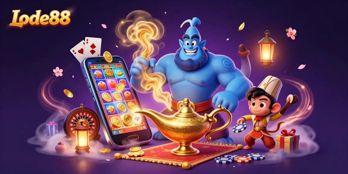 Lode88's vibrant casino scene featuring a genie, monkey, and flying carpet, surrounded by slots, poker chips, and magical elements.
