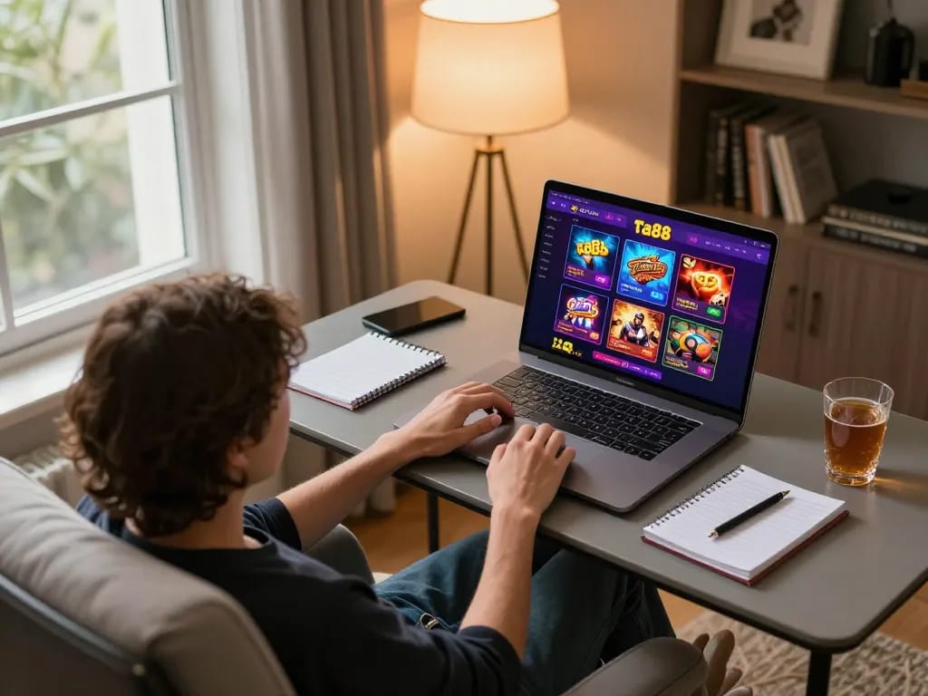 Player engaging with ta88 casino online, showcasing a vibrant gaming interface at home