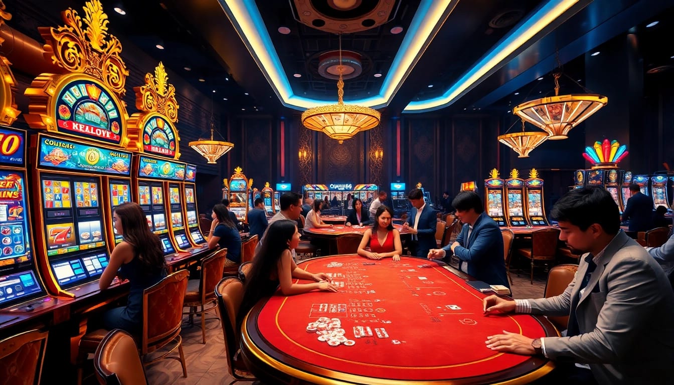 OLYMPUS88 slot machines and gaming tables illustrating winning excitement in a luxurious casino.