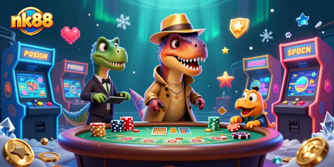 nk88 shows a clever velociraptor card counter at the blackjack table while a stegosaurus watches, in a vibrant casino scene.