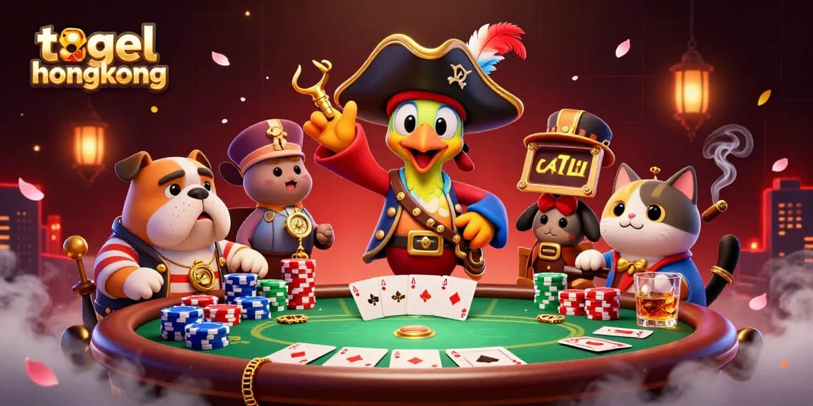 Togel Hongkong scene featuring a pirate captain, bulldog, and cat in a vibrant poker setting.