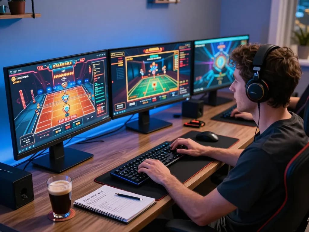 Engaging LGOGOAL online gaming session with home office setup, focused player on multiple screens.