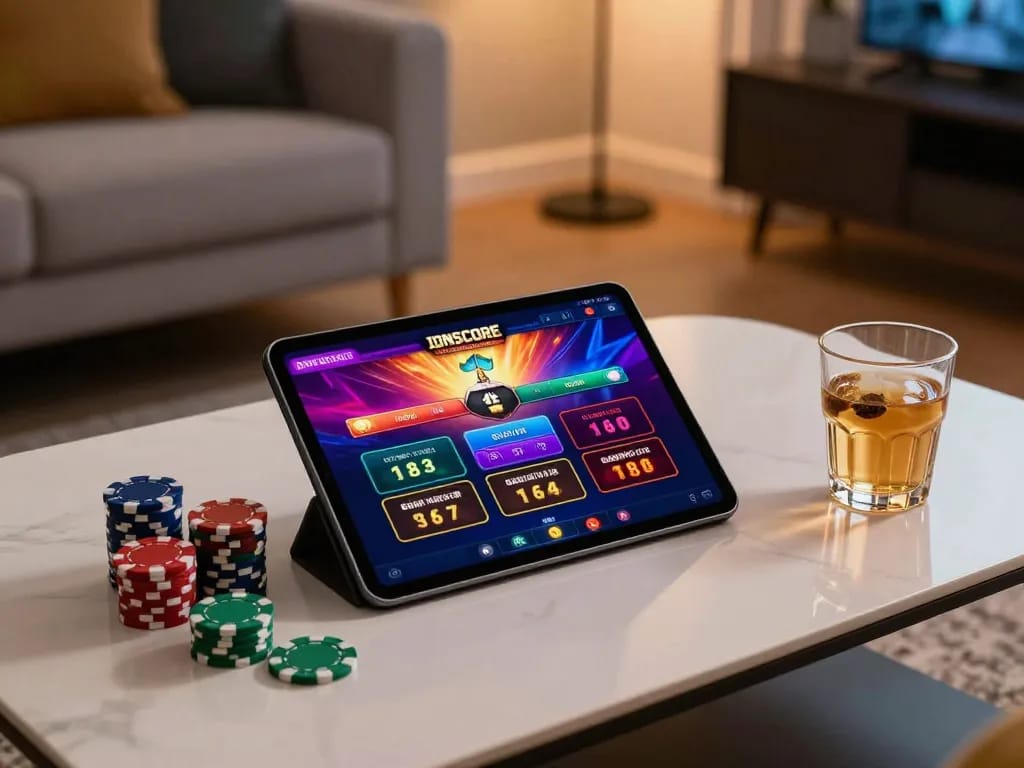 IDNSCORE online gaming app displayed on tablet with poker chips in cozy home setting