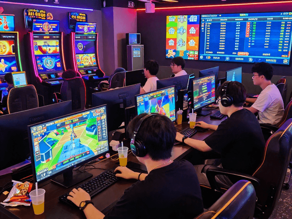 Online players enjoying a slot gacor session with vibrant game graphics and real-time RTP metrics in a lively gaming lounge.
