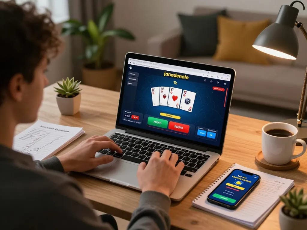Player engaging in blackjack on janadenole from a stylish home gaming setup, with strategy notes and coffee nearby.