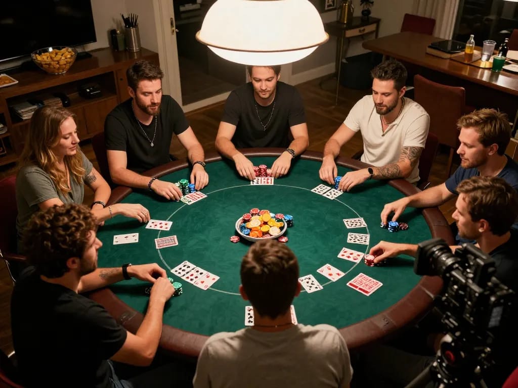 Engaged friends playing poker at home highlighting surewin strategy and camaraderie.