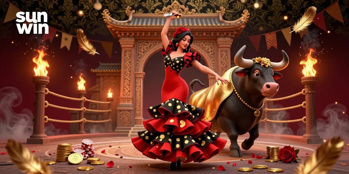 Engage with sun win in a vibrant 3D scene showcasing a flamenco dancer and a fighting bull amid casino elements.