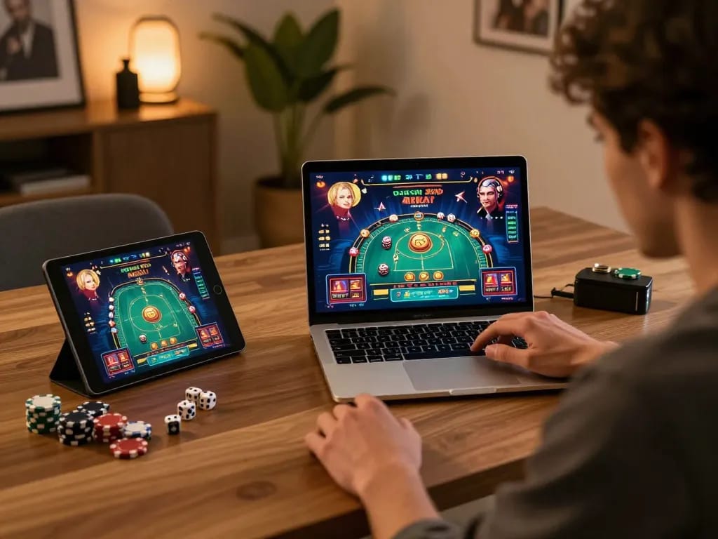 Engaging online gambling scene with VA88 displayed on a modern laptop amidst a cozy decor.