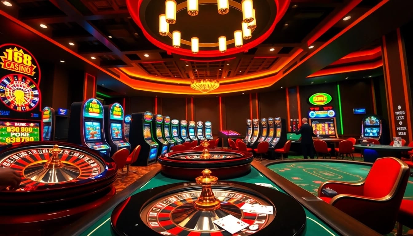 Experience F168’s thrilling casino atmosphere with vibrant roulette wheels and poker tables.