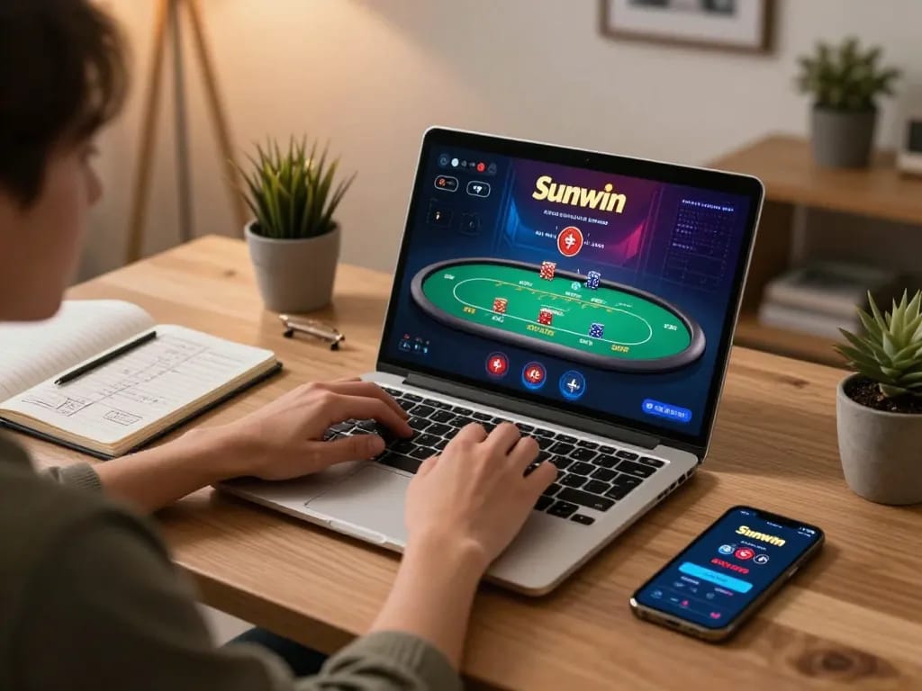 Engaging in Sunwin online casino gameplay on a laptop, highlighting responsible gambling.