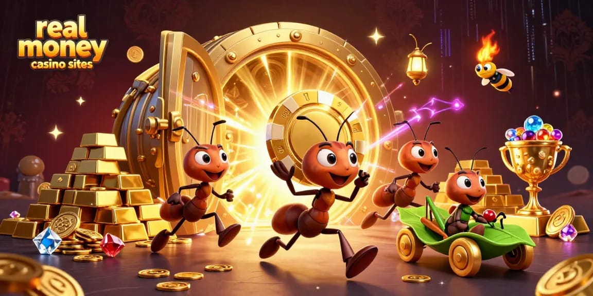 Ants carrying a giant poker chip in vibrant 3D scene representing real money casino sites.