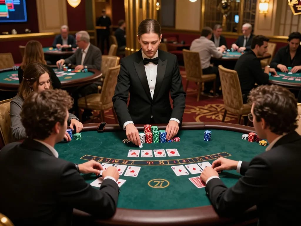 WW88 blackjack players strategizing bets at an upscale casino table, vibrant atmosphere