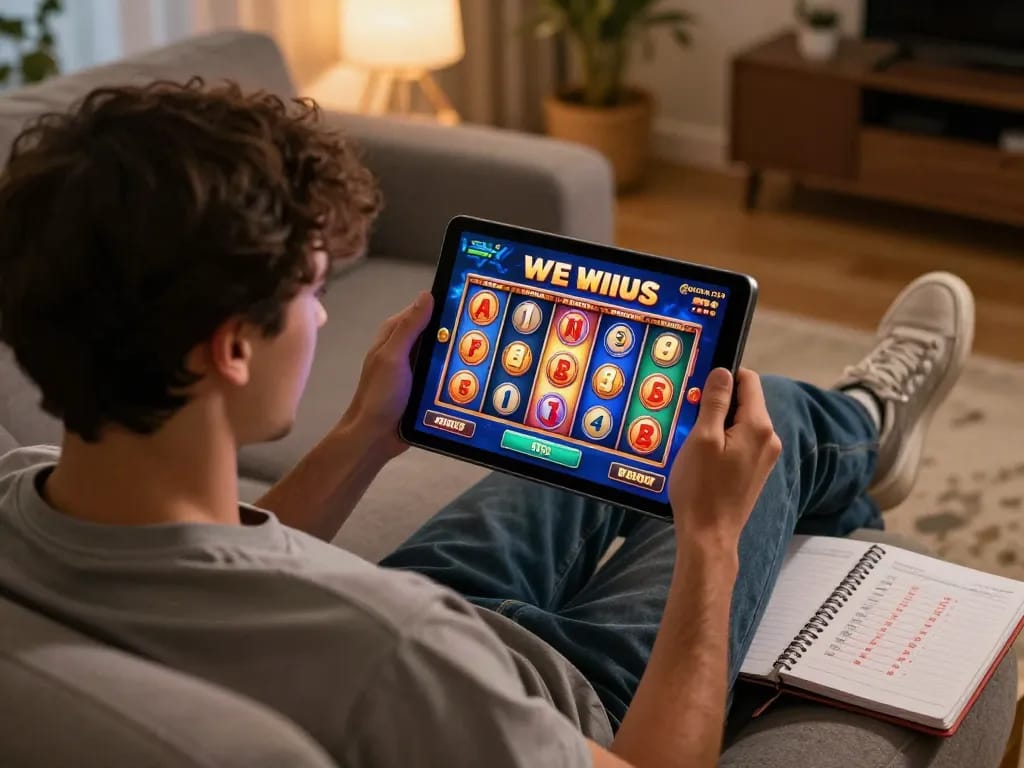 SATRIA123 player celebrating a jackpot win at home on a tablet, showcasing online gaming excitement.