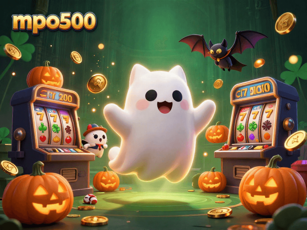 Menang bersama mpo500 dengan kucing hantu di kasino berhantu dan simbol jackpot yang berkilau.