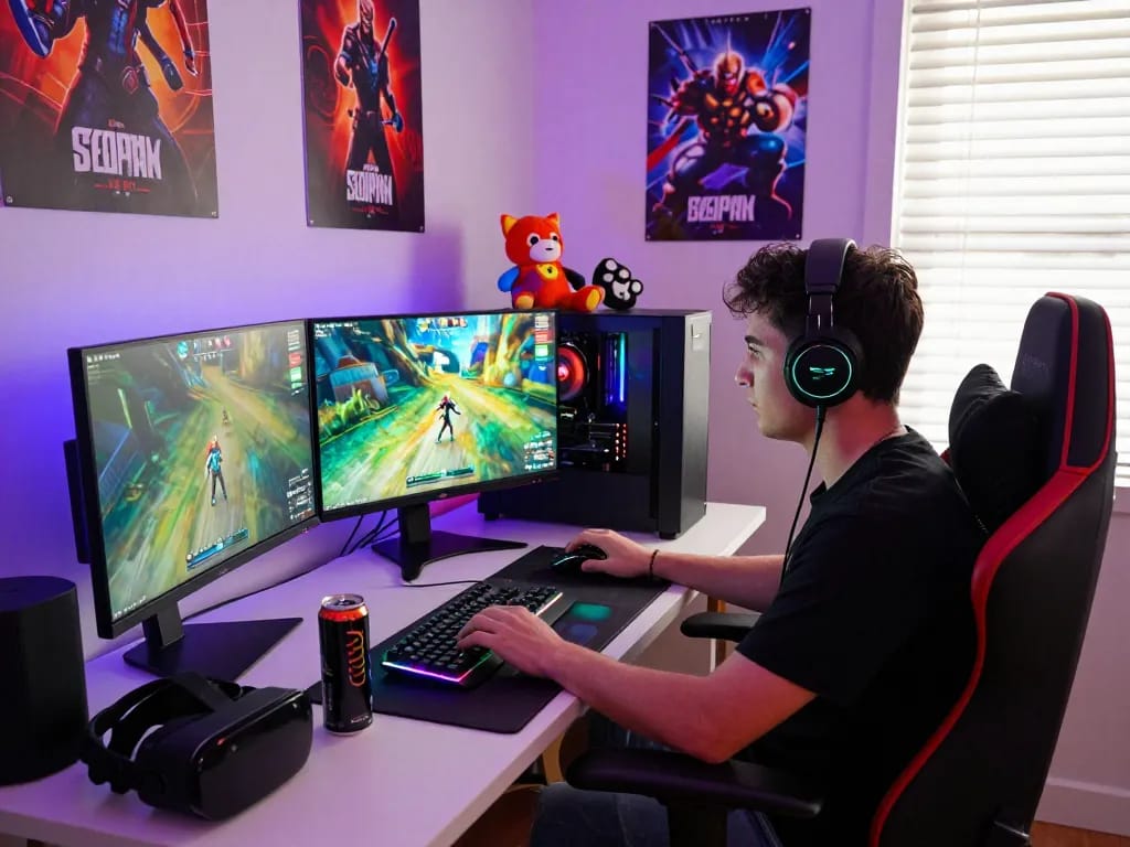 Engaging gaming setup featuring the mantra88 link in a colorful room with vibrant gaming accessories.