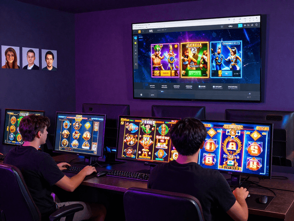 Players enjoying slot resmi games on multiple devices in a vibrant gaming environment.