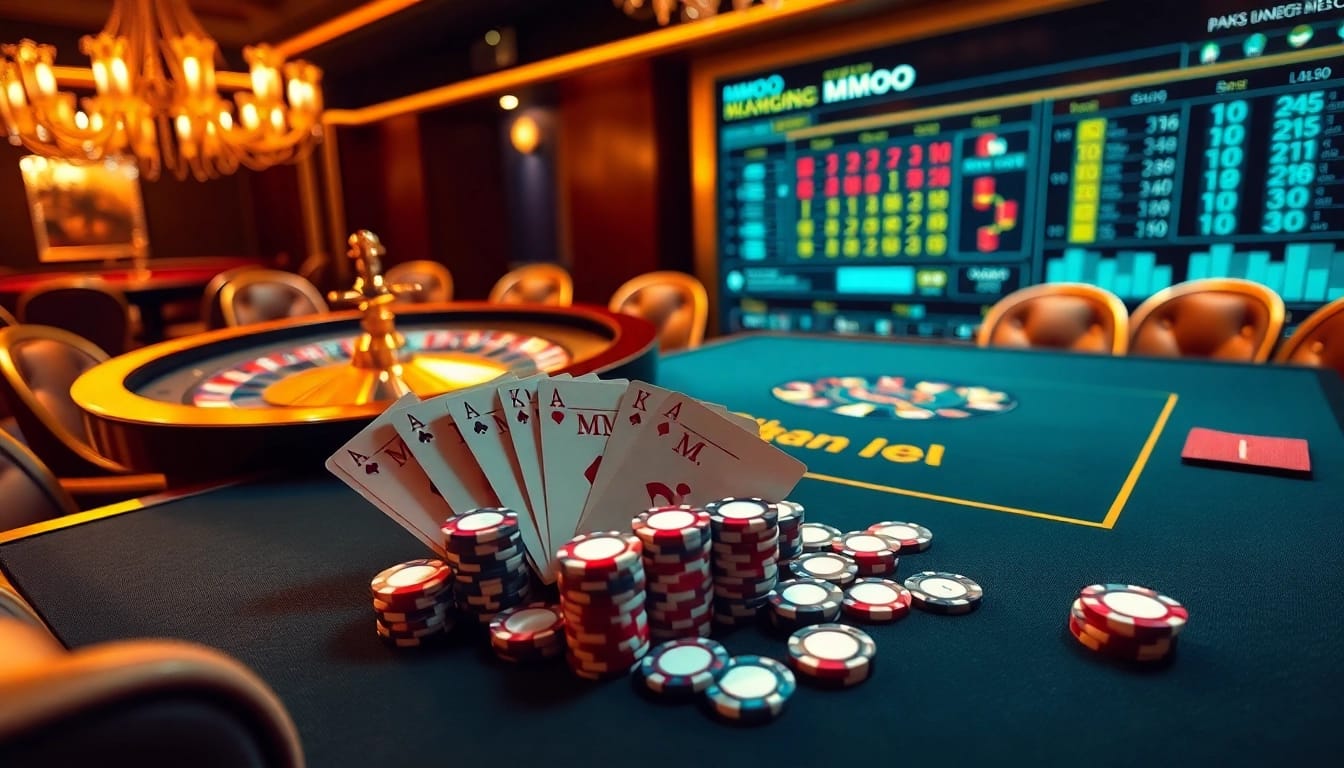 Players enjoying an exciting game at MMOO casino table with poker chips and cards.