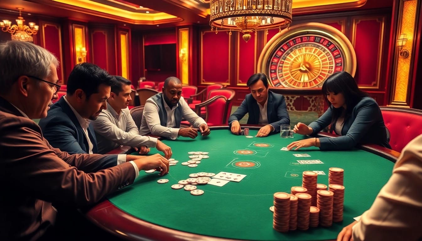 Players strategizing at a luxurious poker table in a GO8 casino setting.