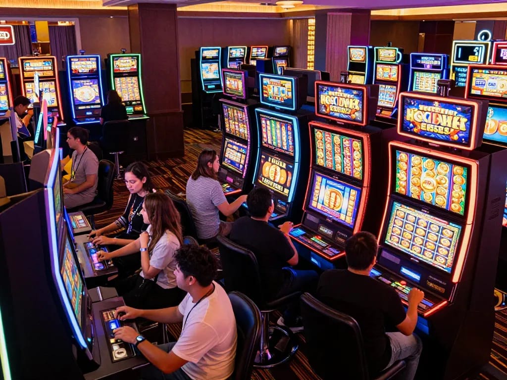 Players enjoying vibrant slot machines at UGDEWA's casino, showcasing excitement and jackpot moments.