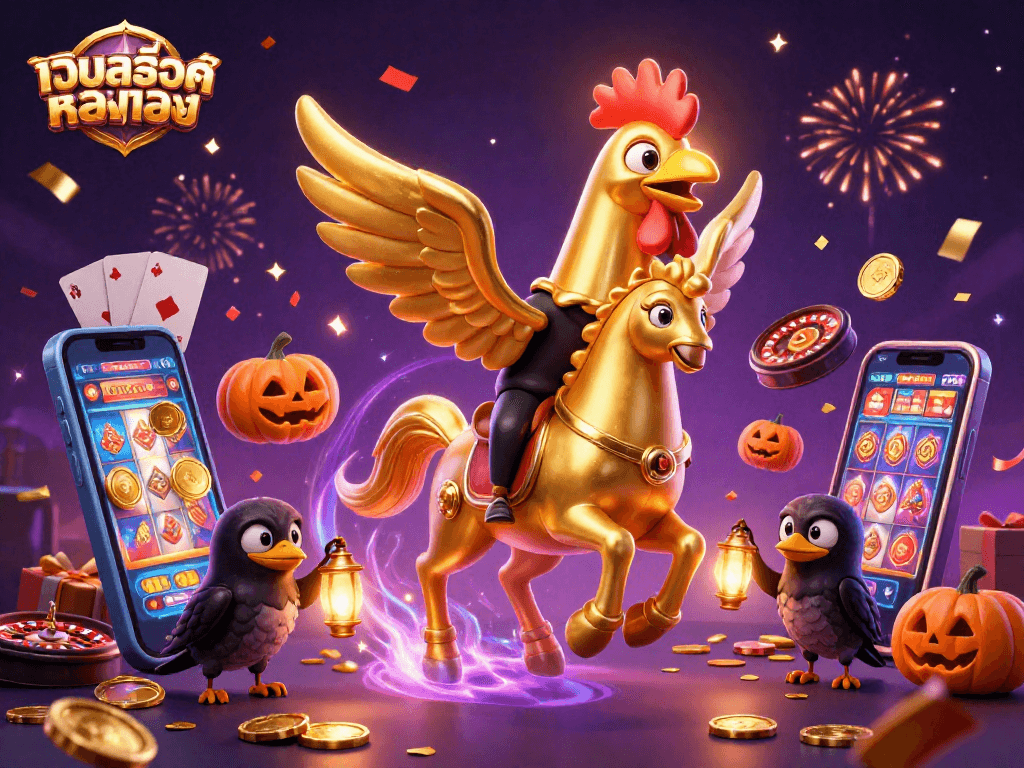 Experience เว็บสล็อตตรง excitement with a golden rooster and its glowing head in a vibrant casino.