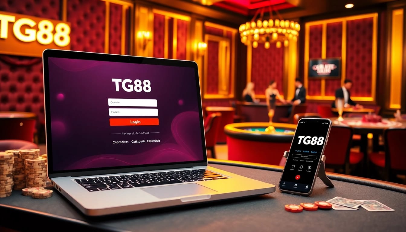 Enjoy seamless access to TG88 đăng nhập with a luxurious online gaming setup featuring vibrant casino elements.