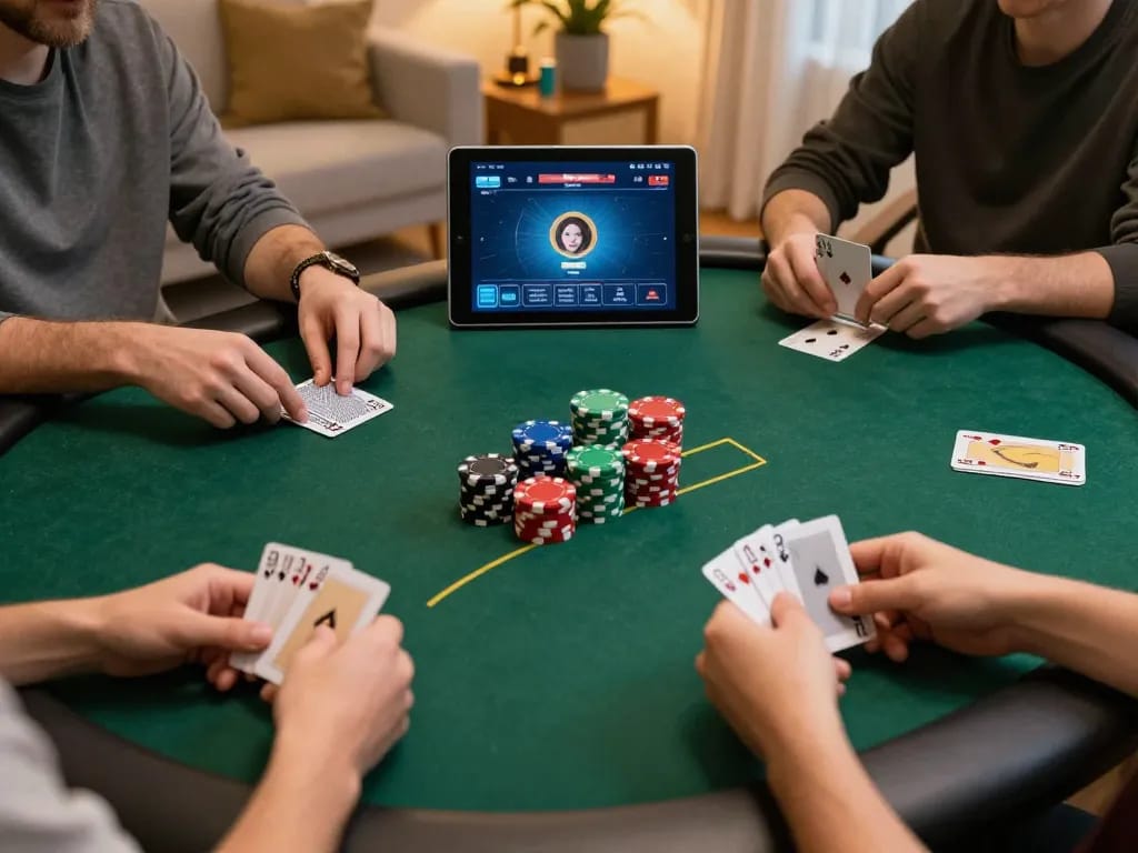 VENOM889 online players engaging with poker chips and cards in a cozy atmosphere
