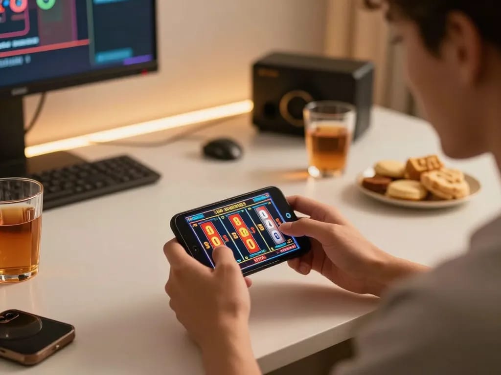 IDNSCORE player enjoying thrilling slot game on smartphone in modern home setup.