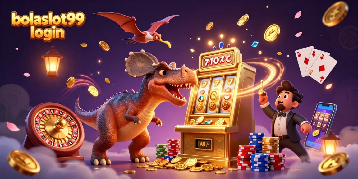 Bolaslot99 login reveals a thrilling moment with a dinosaur and slot machine jackpot