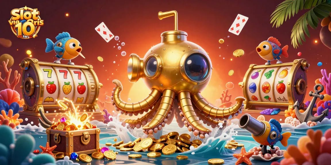 Experience gameplay immersion in Slot via Qris 10 Ribu with vibrant slot reels and a golden kraken submarine.