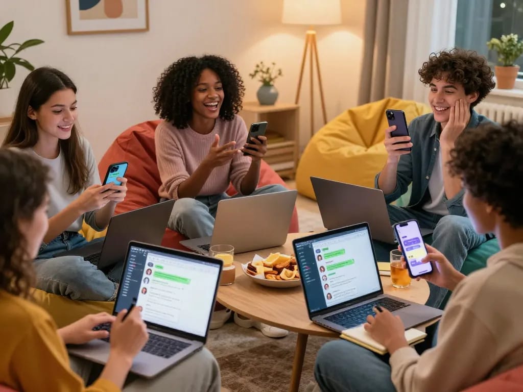 Engaging friends using AI sexting apps in a cozy living room setting, showcasing diverse and playful interactions.