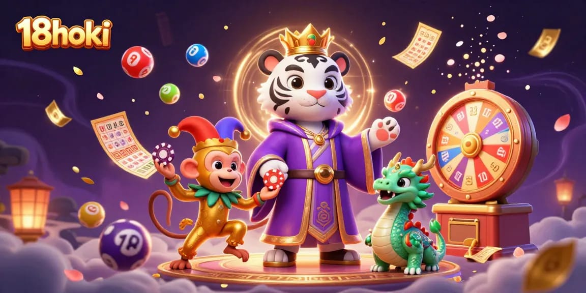 Experience exciting wins at 18hoki with vibrant lottery balls, poker chips, and more!
