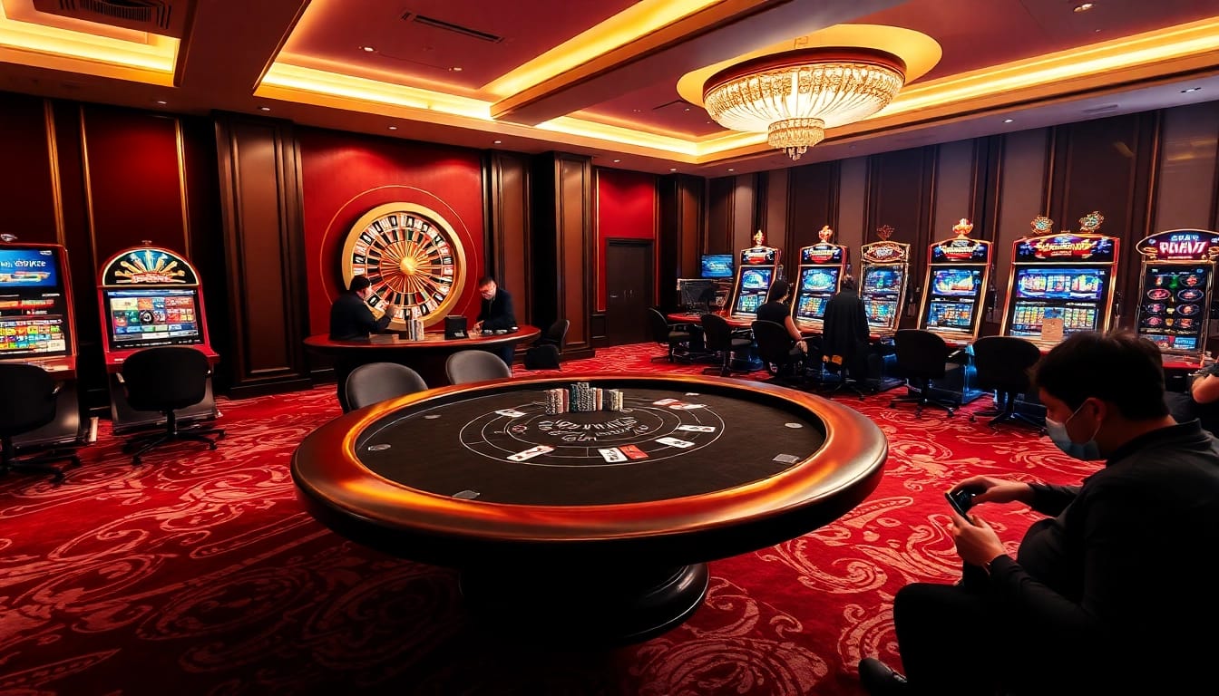 Kaisar 888 gaming experience with luxurious casino tables and vibrant slot machines for thrilling gambling.
