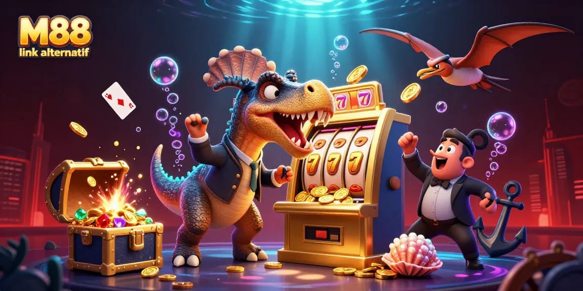 Experience the excitement of M88 link alternatif with dinosaurs and bonus payouts in this vibrant casino scene!