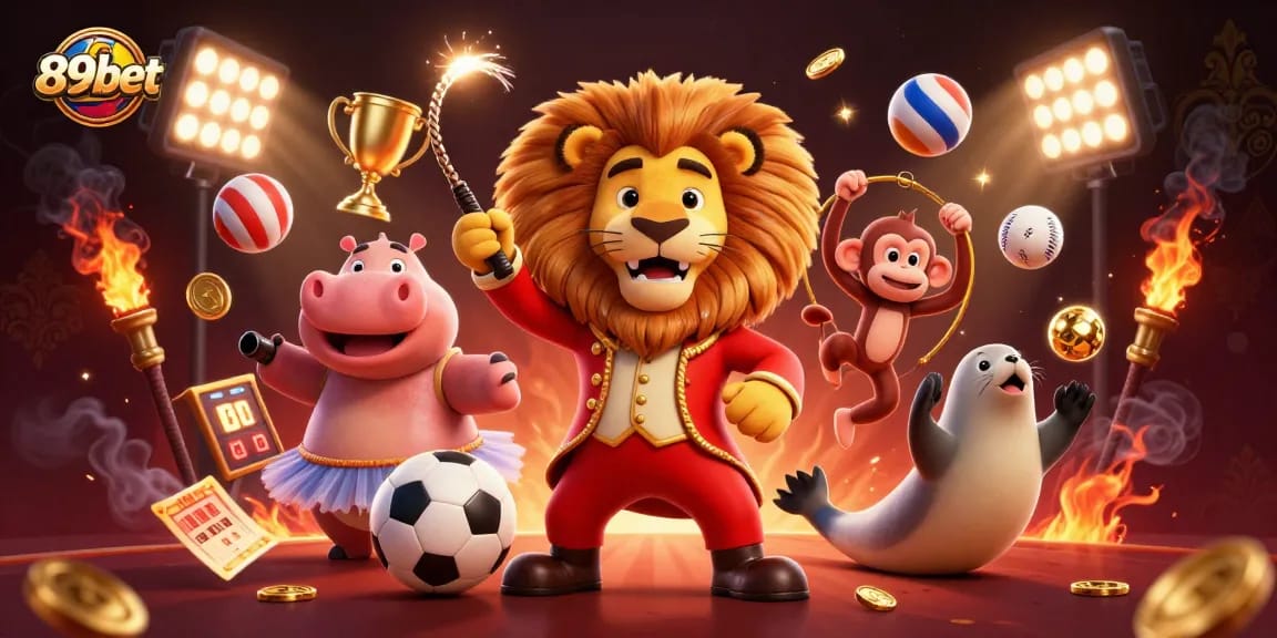 Engage with vibrant 89bet gaming action featuring a circus lion leading a casino spectacle with dynamic sports elements.