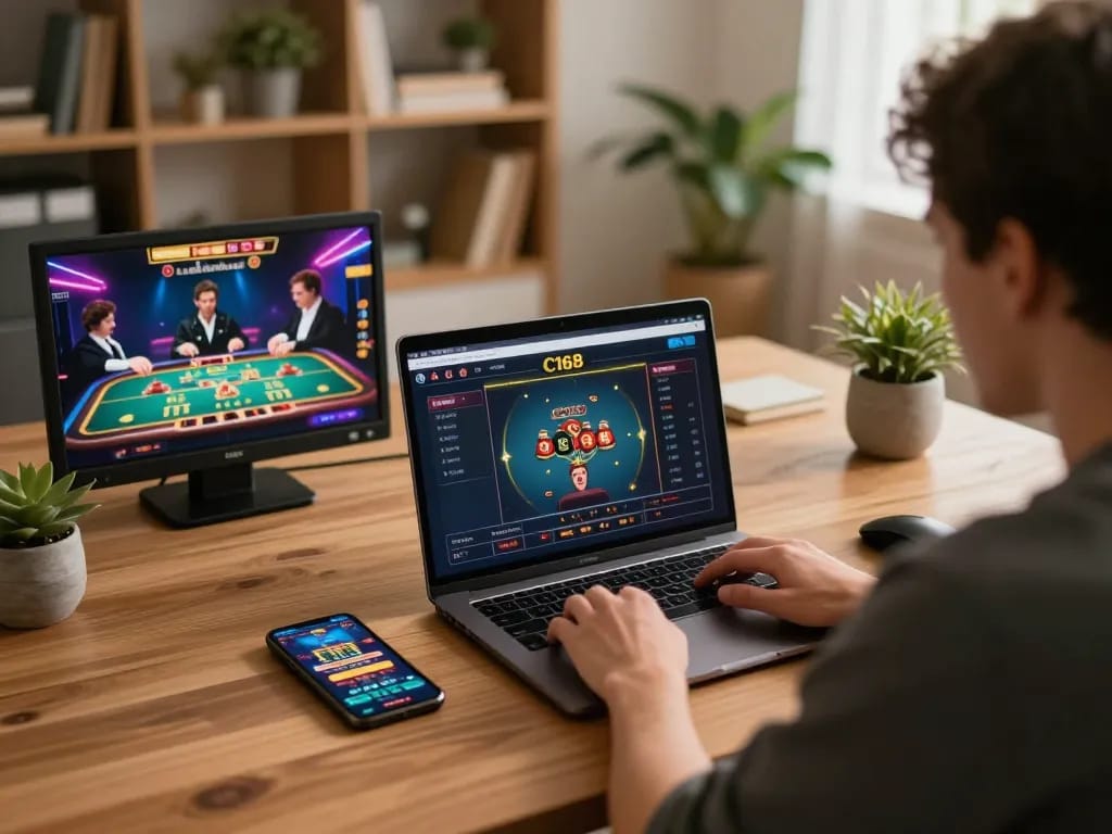 Experience dynamic online gaming with C168 on a modern laptop setup in a cozy home.