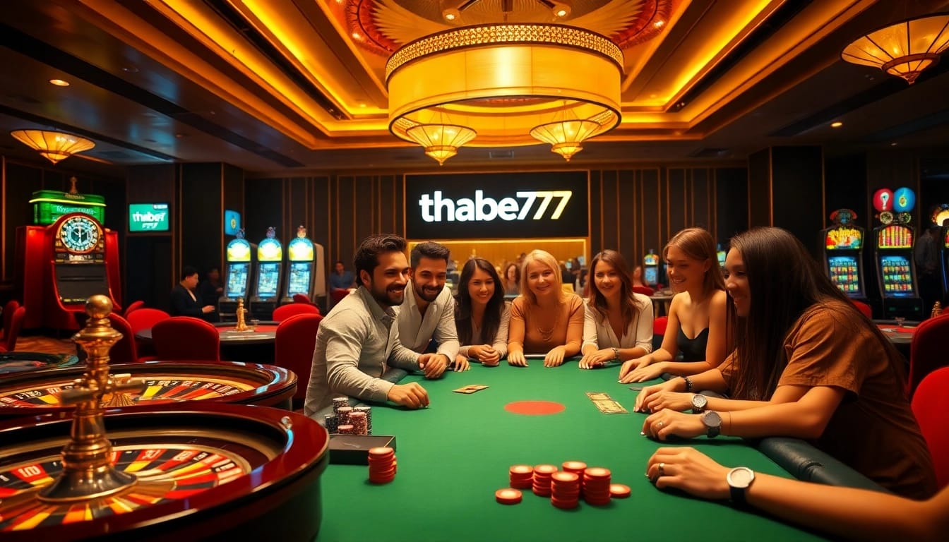 Exciting players at a thabet777 poker table engaging in a high-stakes game, with vibrant casino elements.
